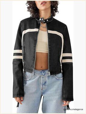 Faux Leather Cropped Moto Jacket Zip Up Stand Collar Fitted